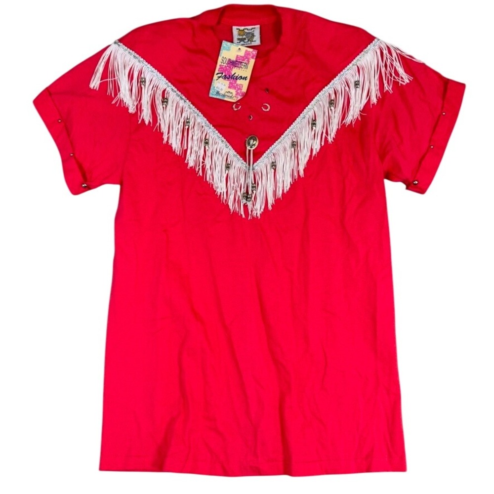 Vintage NWT 1992 Southwestern Fashion Red Fringe Concho Studded T-Shirt Large